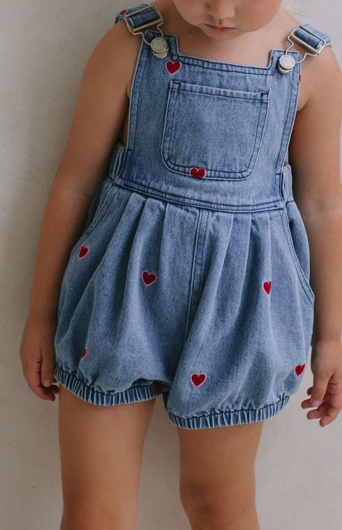 Heart denim baby romper overalls