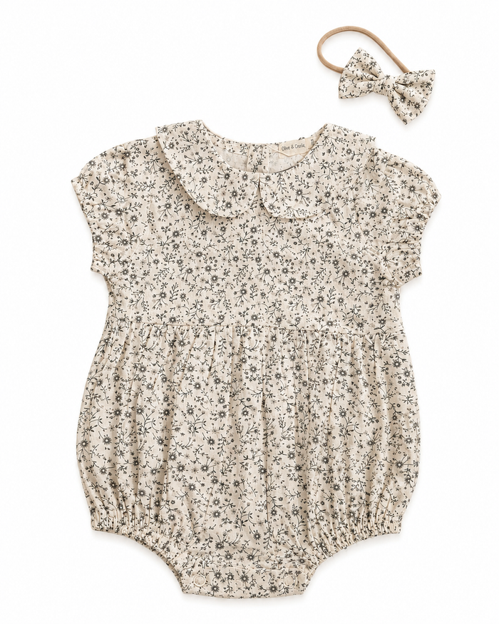 Baby girl floral cotton romper with bow, summer one-piece