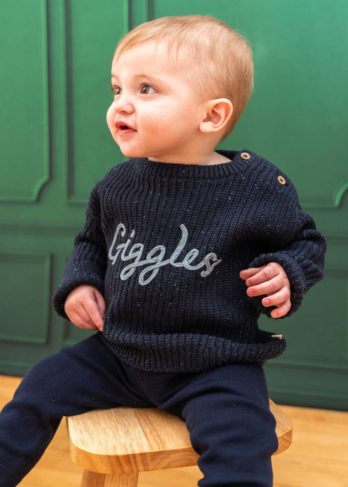 Giggles Chunky Knit Slouchy Baby Pullover – Speckled Navy Organic Cotton