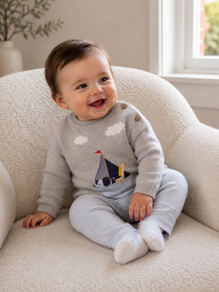 Nautical baby knit set with sailboat pullover and striped tee
