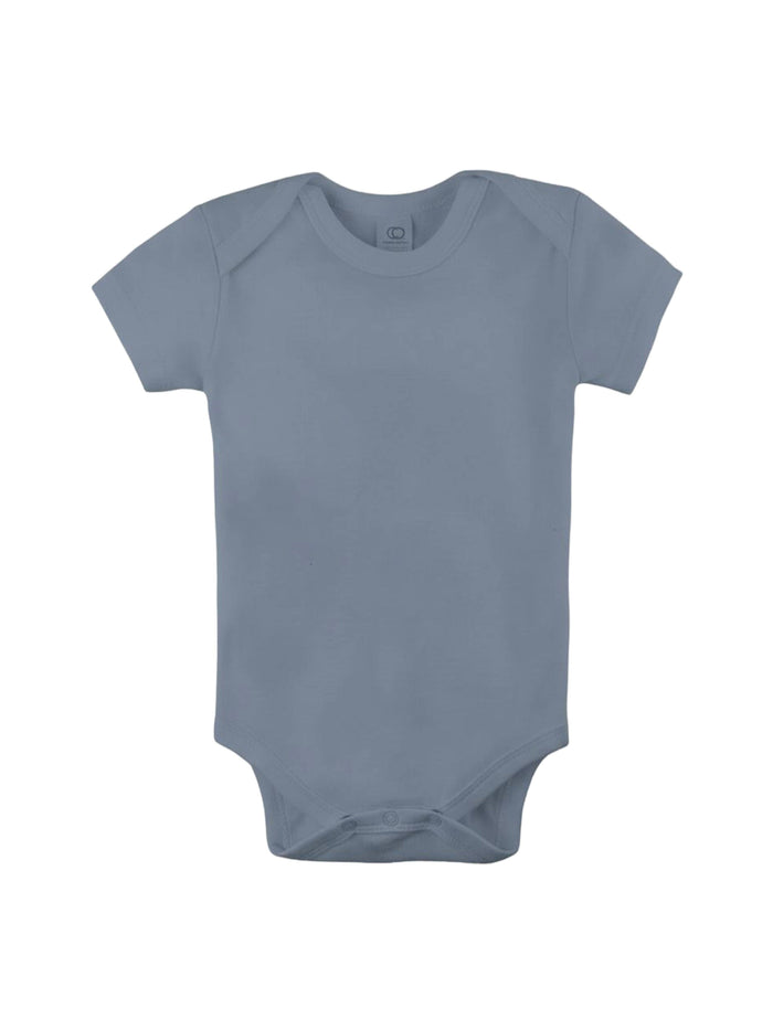 Plain blue baby onesie on a white background