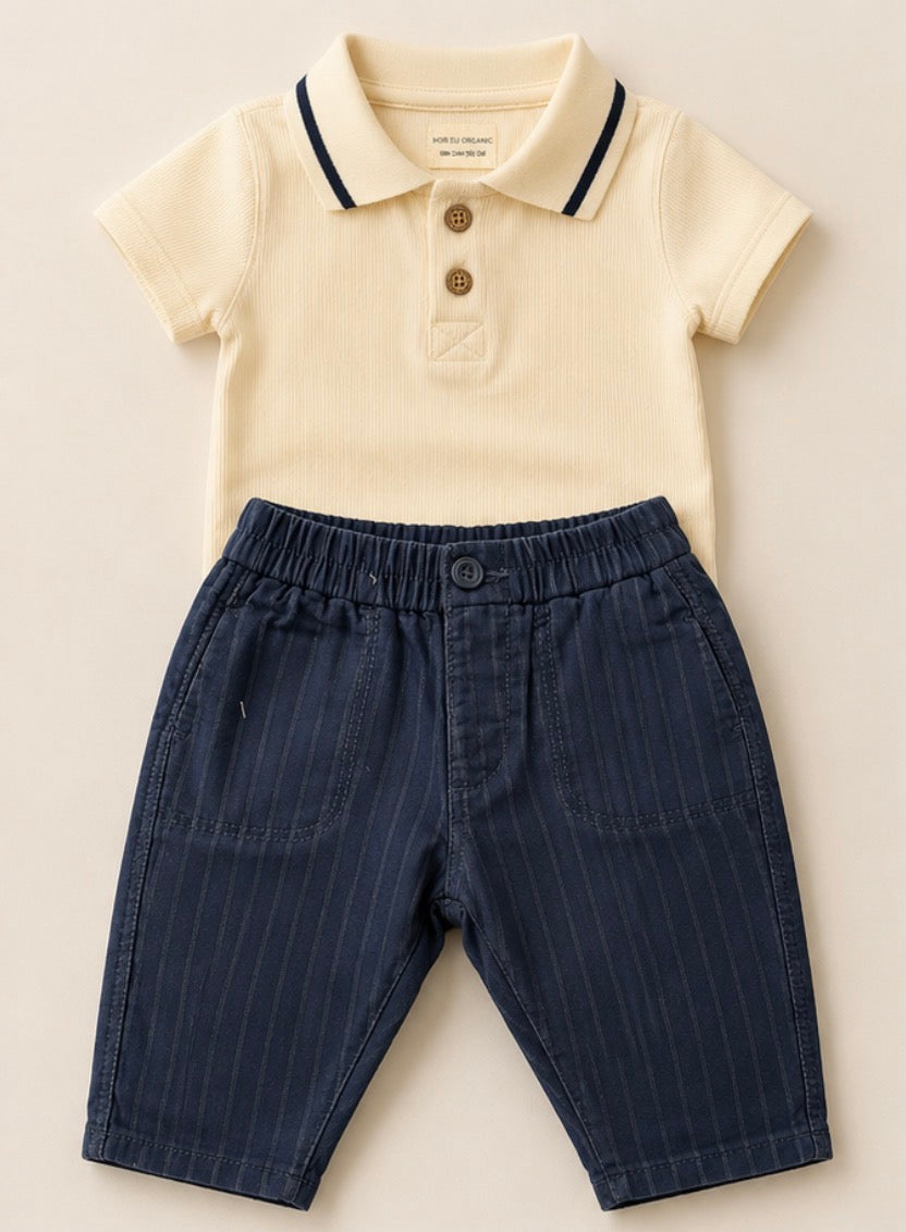 Bamboo Polo & Striped Baggy Pant Outfit