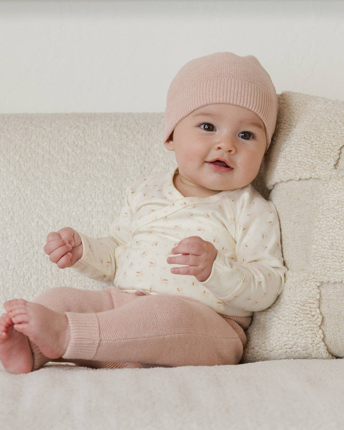Heathered rose knit baby pants in organic cotton