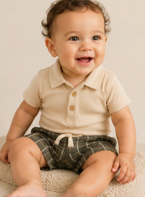 Tarmac Grid Short & Oat Polo Bodysuit Set- OEKO-TEX certified
