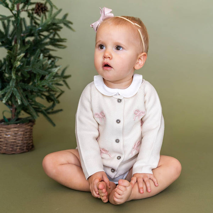 Natural bow sweater-knit baby cardigan – view 2