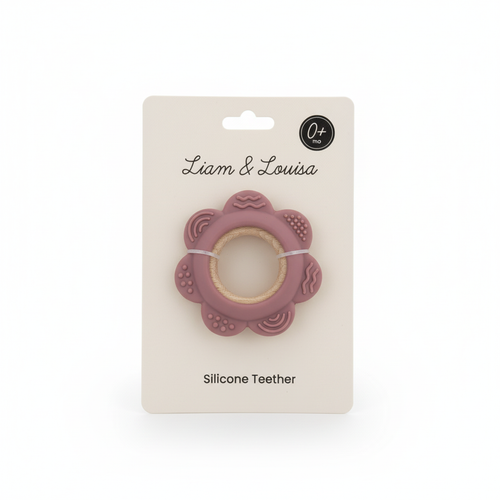 Pink Flower Silicone & Beechwood Baby Ring Teether - Blush