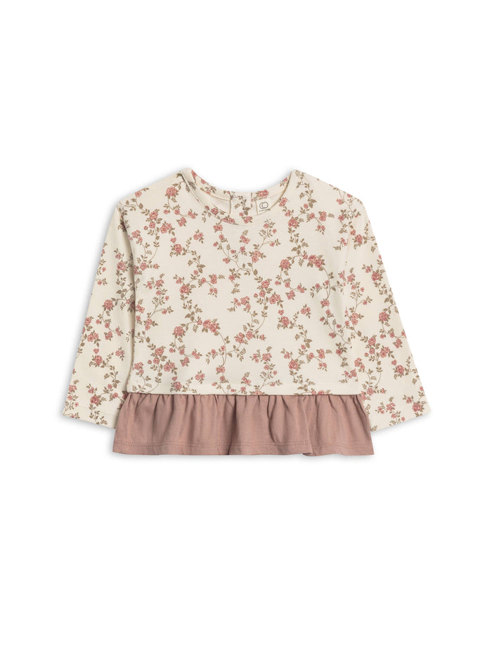 Long-sleeve ruffle-hem baby top in floral organic cotton