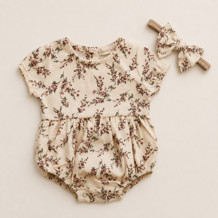 Baby girl floral cotton romper with matching bow headband set