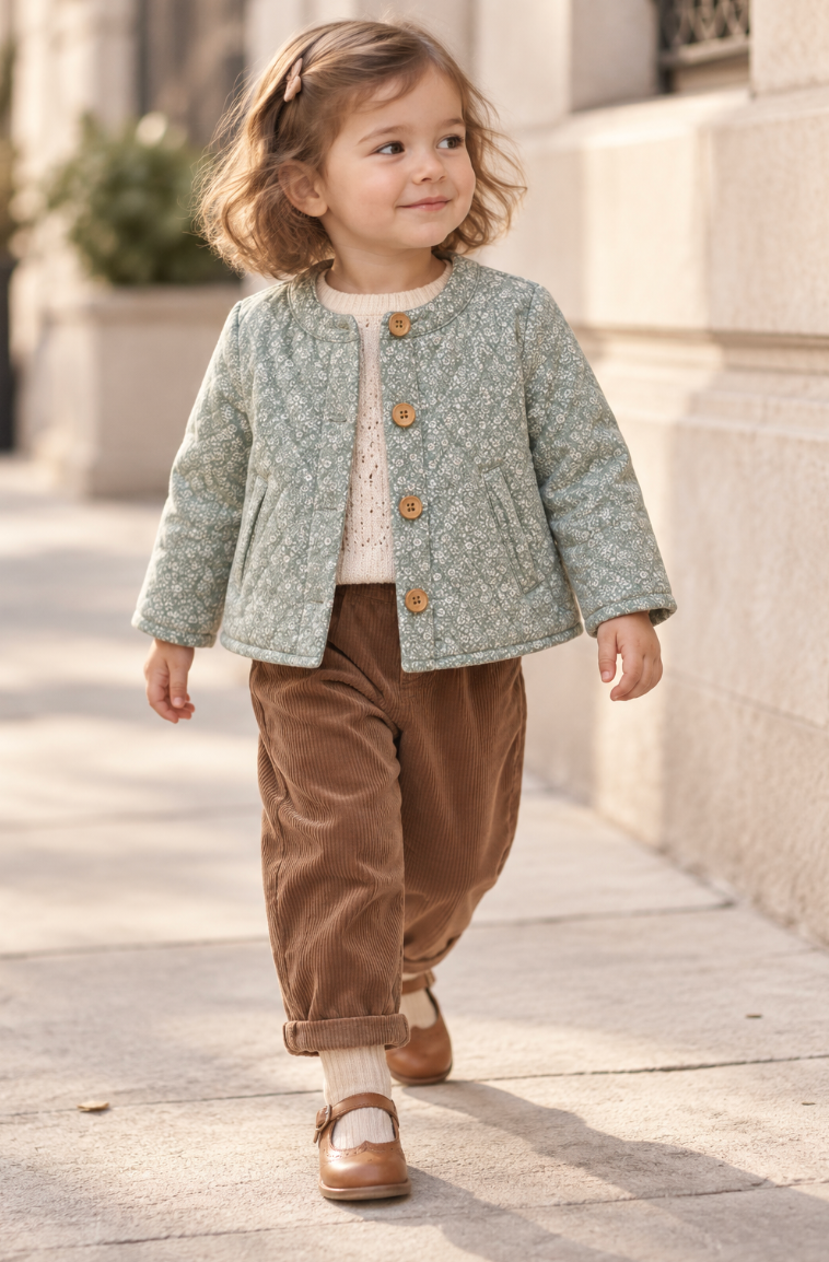 A toddler girl walking outdoors on a sunlit stone sidewalk, wearing a light sage green patterned jacket with brown buttons, a cream knit top, brown corduroy pants, and brown Mary Jane shoes.