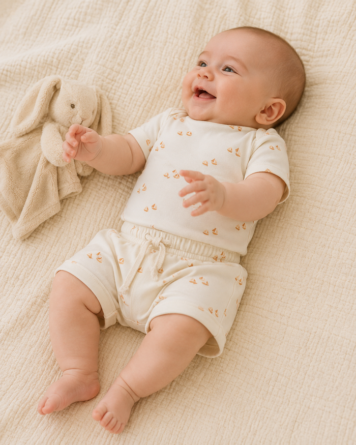 Baby lying on a beige blanket with a soft toy, wearing a matching outfit.