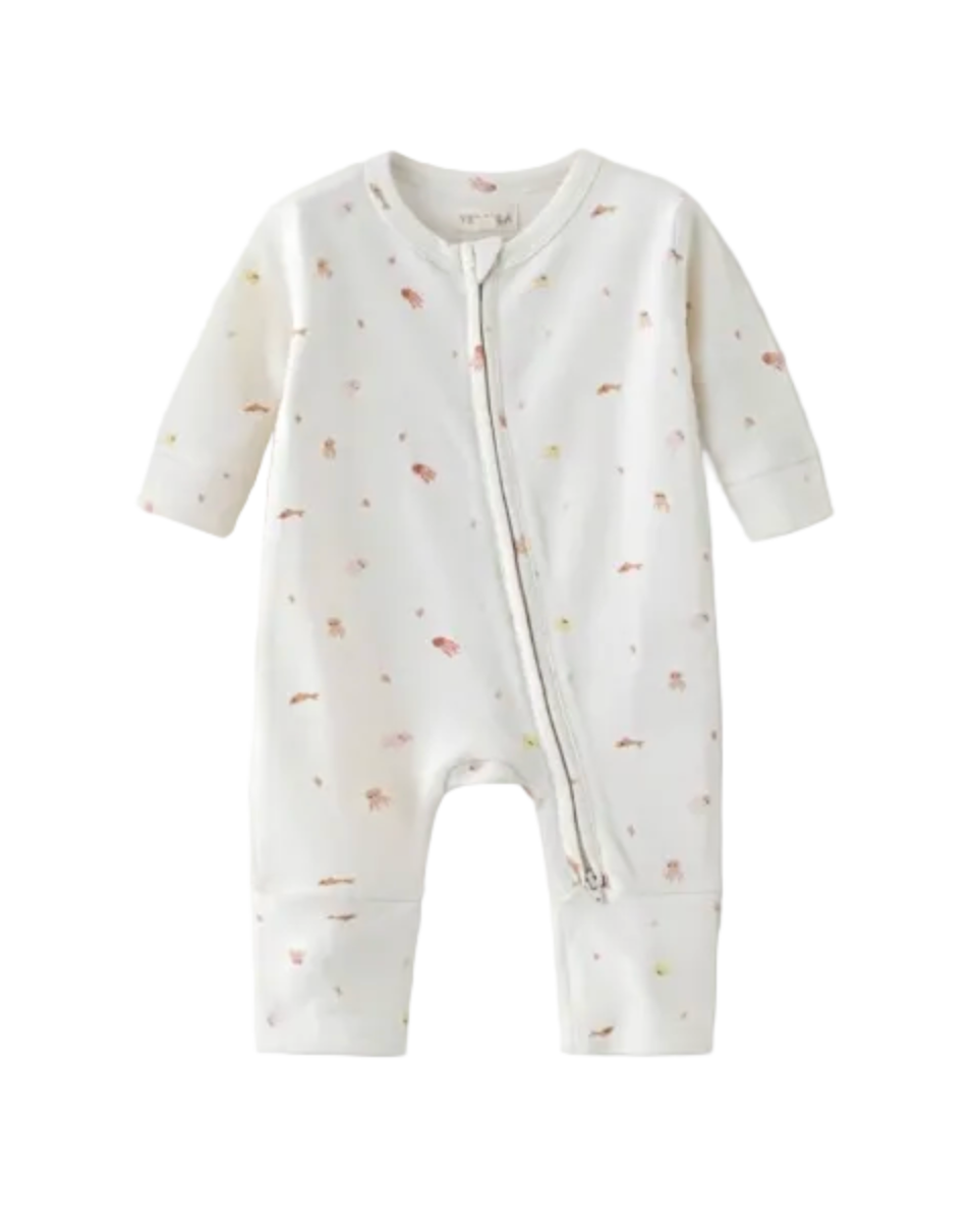 Baby onesie with long sleeves and a zipper on a white background