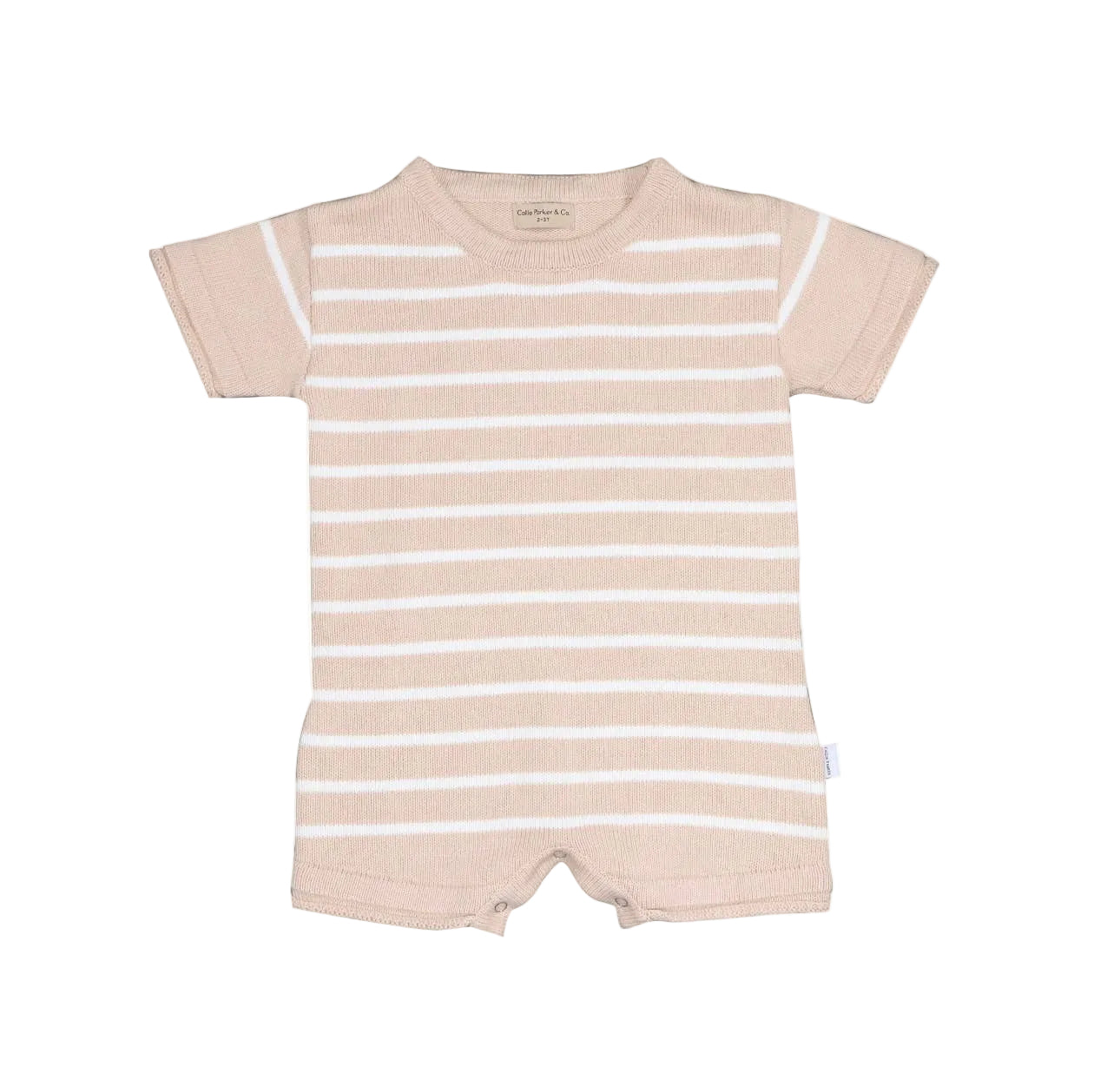 Beige and white striped baby romper on a white background