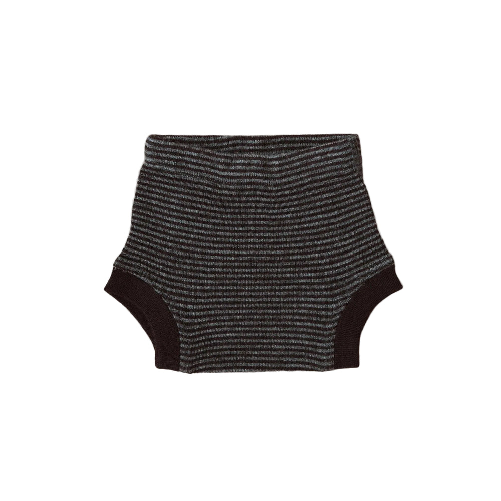 Black and gray striped baby bottoms on a light gray background