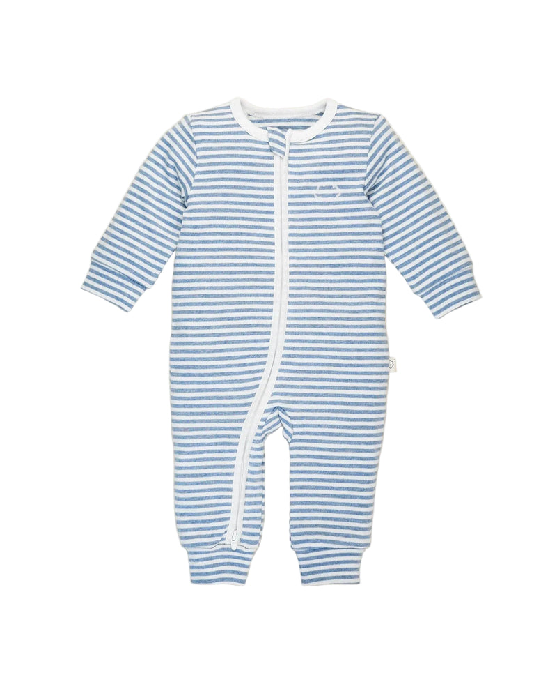 Organic Blue and White Stripped Cotton Zip Growsuit