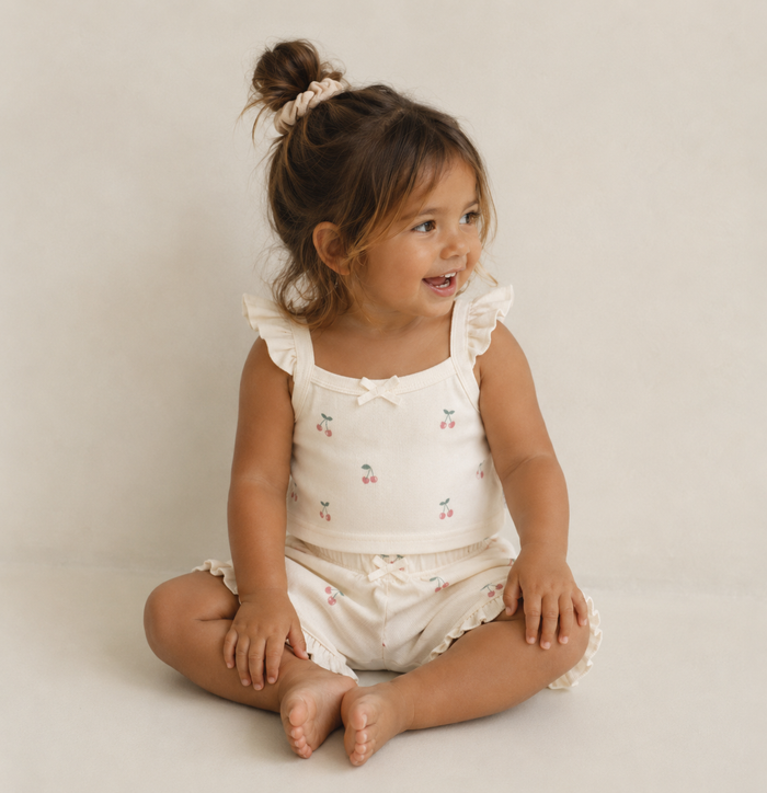 Cherry print ruffle baby top and shorts set