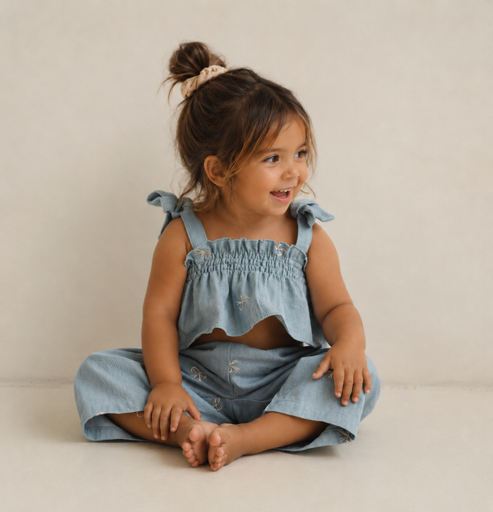 Denim bow-tie crop top and pant baby set
