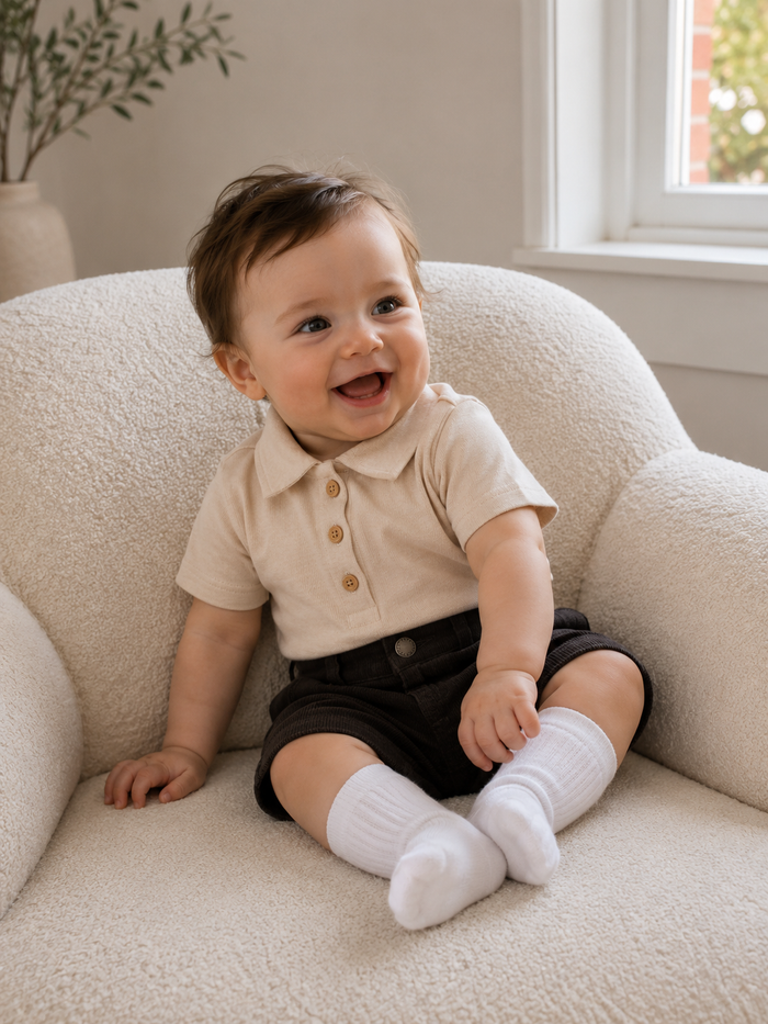 Chocolate corduroy shorts and polo bodysuit baby set