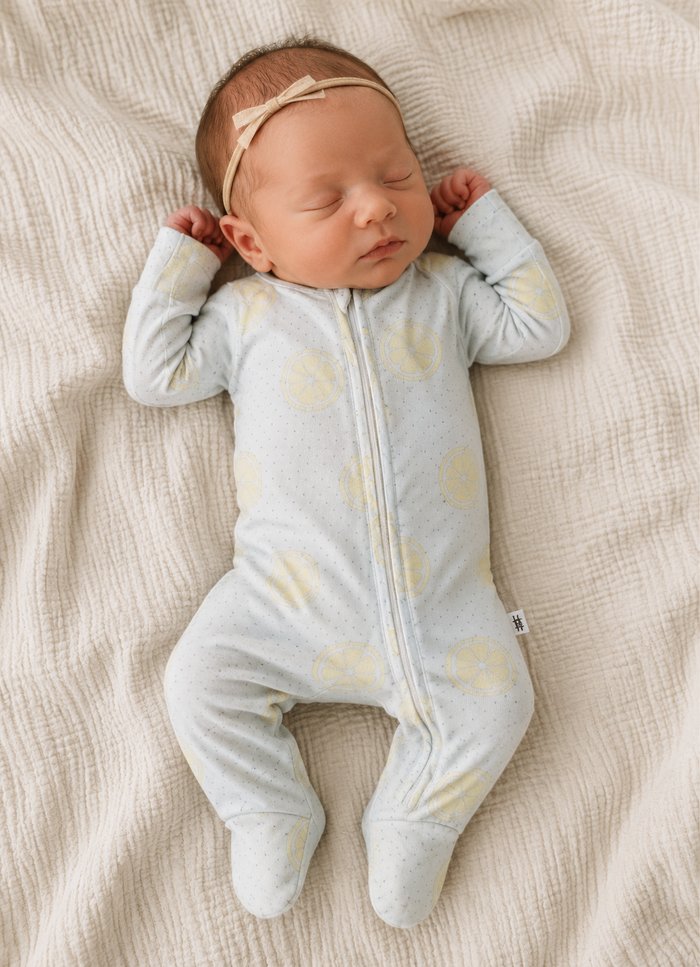 Bamboo zip baby pajamas in lemon drop print – view 2