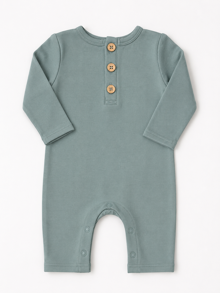 Teal button-front baby romper in organic cotton