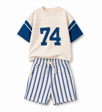 Cobalt Stripe Cotton Shorts and Number Printed T-shirt – Oyster-white