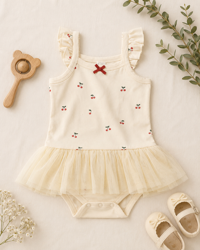 Cherry ruffle tutu baby bodysuit in natural organic cotton