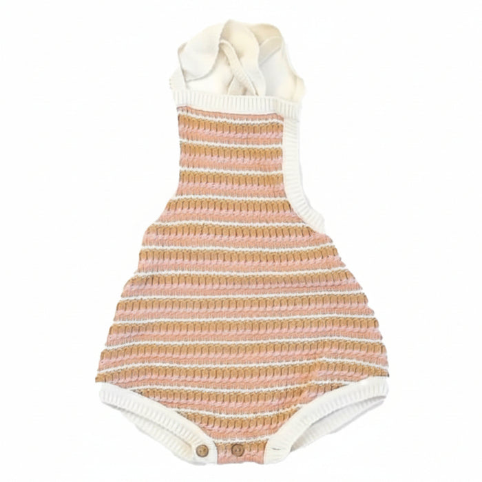 Pink stripe crochet cotton baby romper, pre-loved