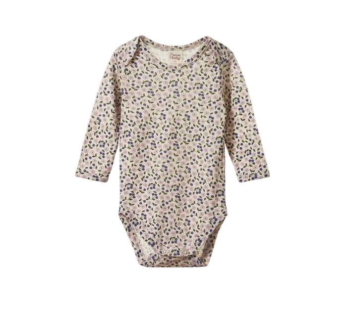 Floral-patterned baby bodysuit on a white background
