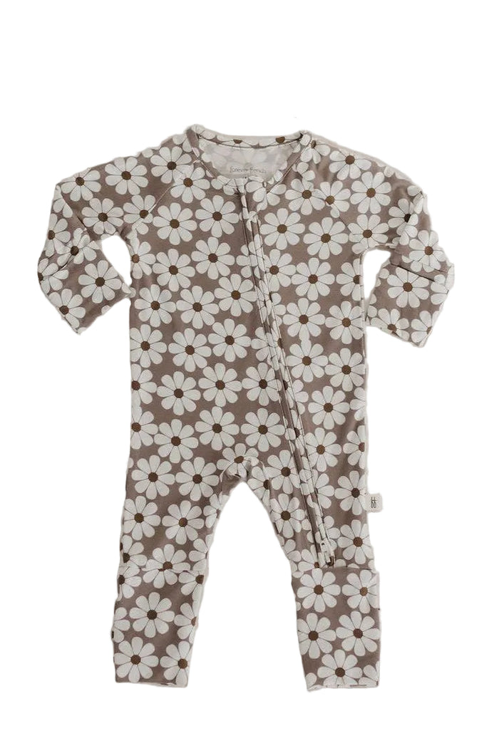 Floral-patterned baby onesie on a light gray background