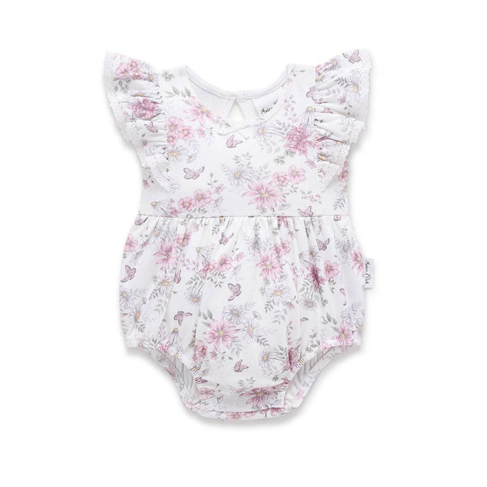 White daisy ruffle bubble baby romper