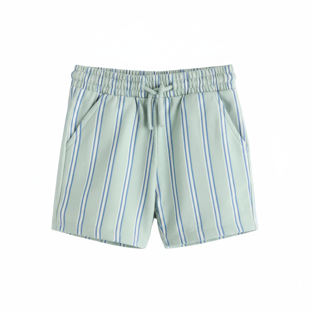 Green and blue striped shorts on a hanger against a white background