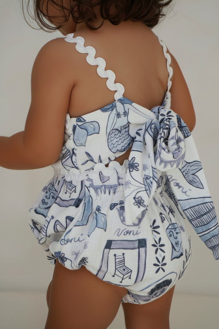 White ric rac linen baby girl romper