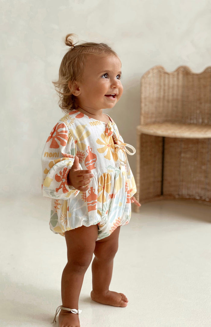 Laguna front-tie linen baby romper