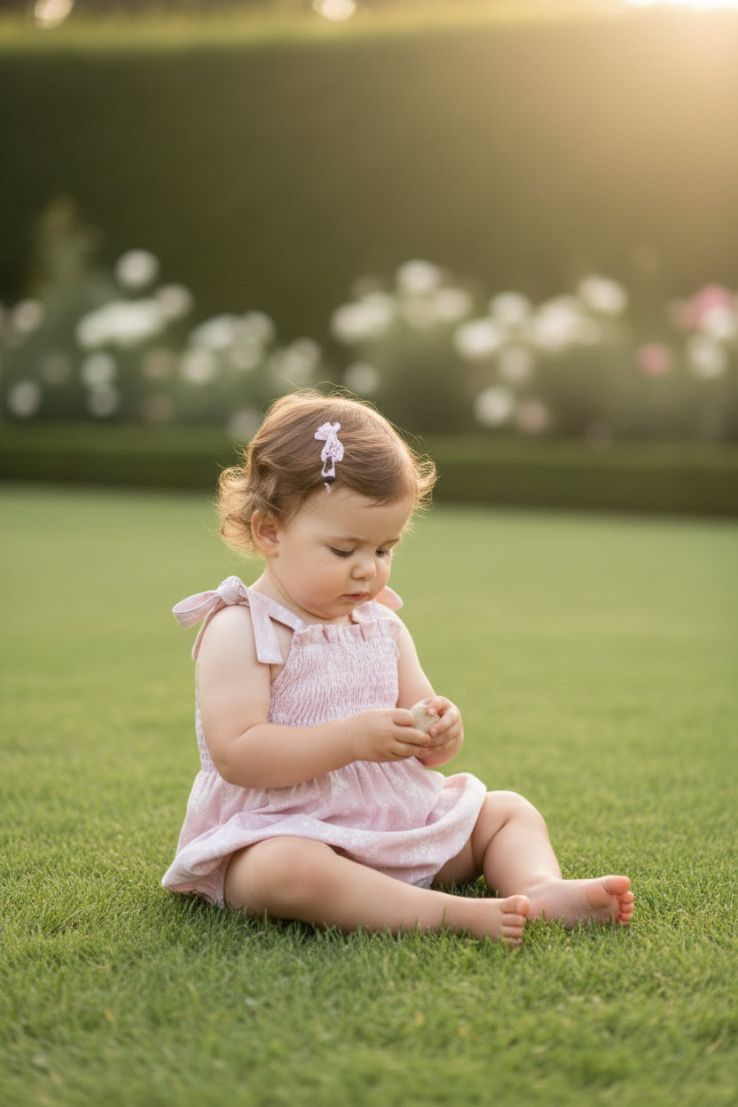 Pink baby romper with star pattern on a white background