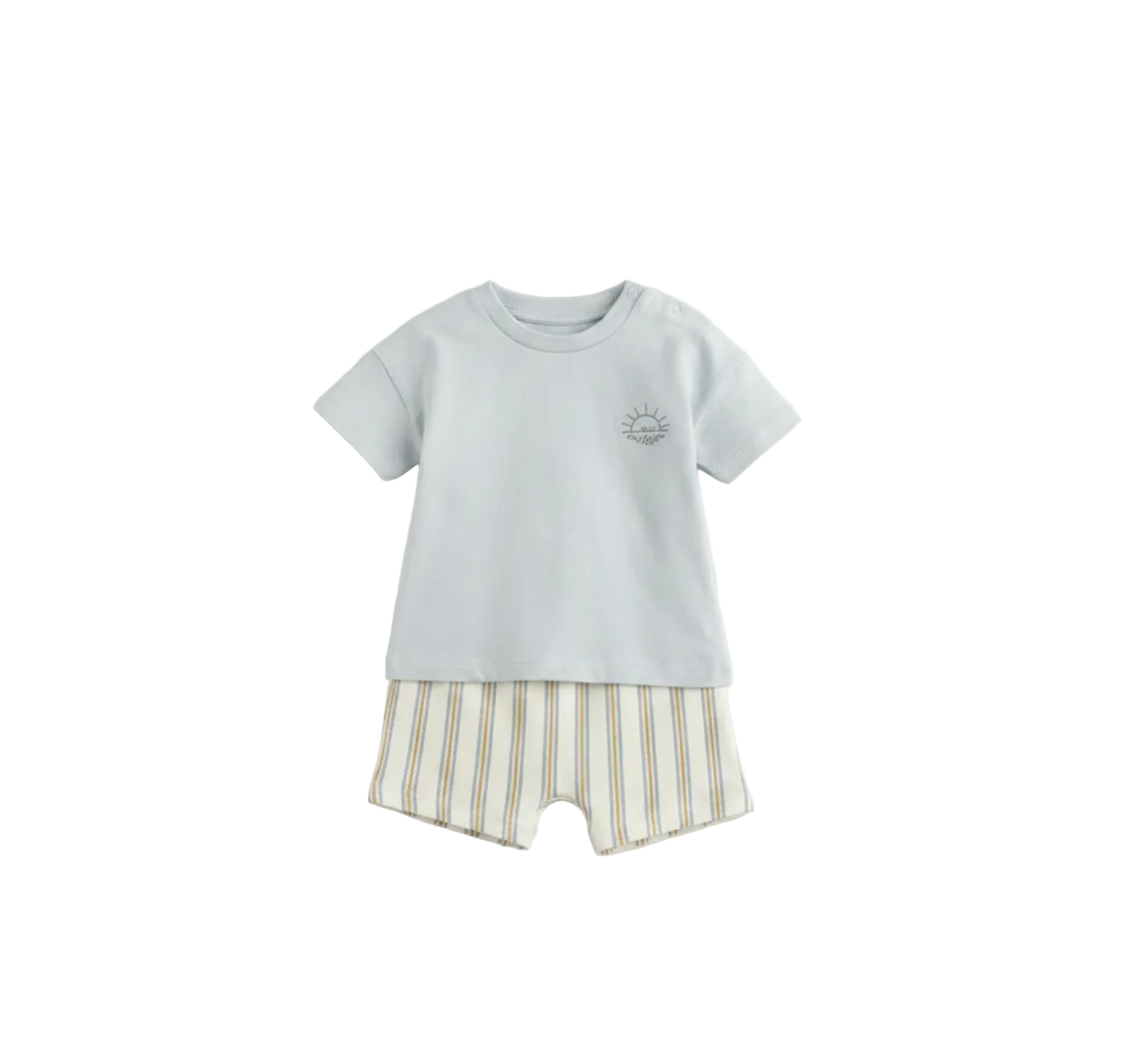 Raglan Tshirt light blue shirt and striped shorts set on a white background