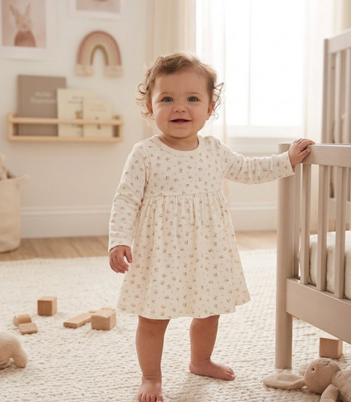 Ivory Floral Long-Sleeve Baby Play Dress Set – Organic Cotton