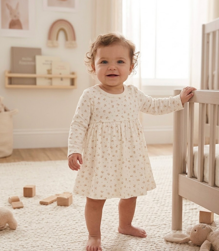 Ivory floral long-sleeve baby play dress set
