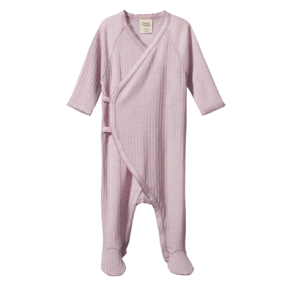 Lilac pointelle merino kimono baby sleeper