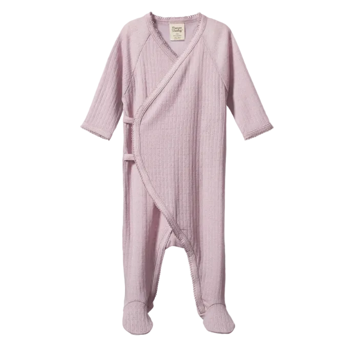 Lilac pointelle merino kimono baby sleeper