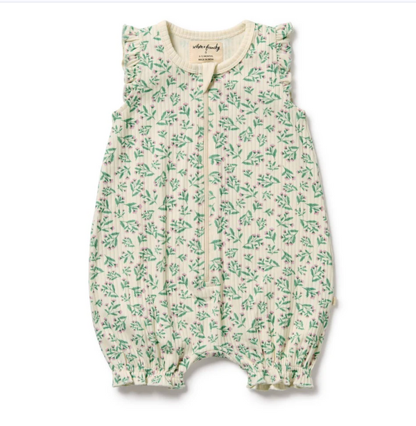 Periwinkle ruffle organic cotton baby zipsuit footie