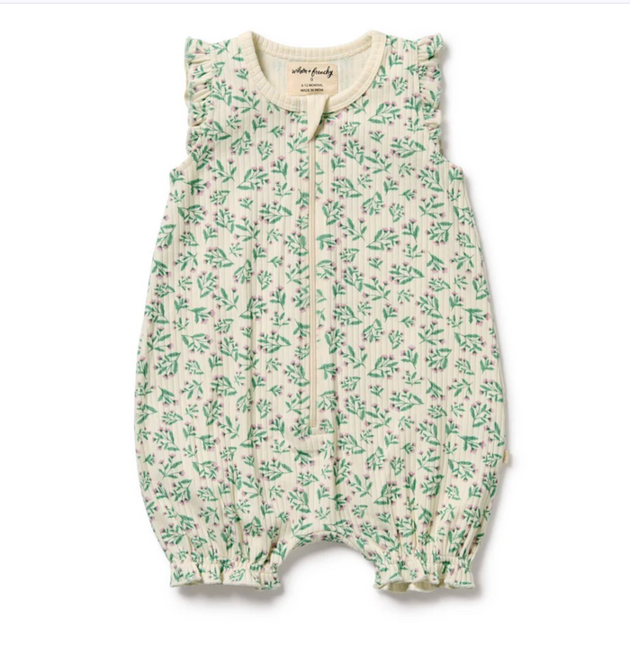 Periwinkle ruffle organic cotton baby zipsuit footie
