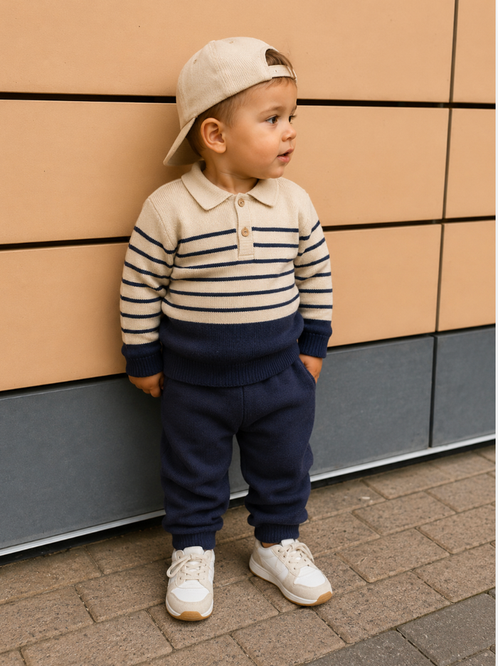 Stripe polo knit baby pullover and pant set in organic cotton