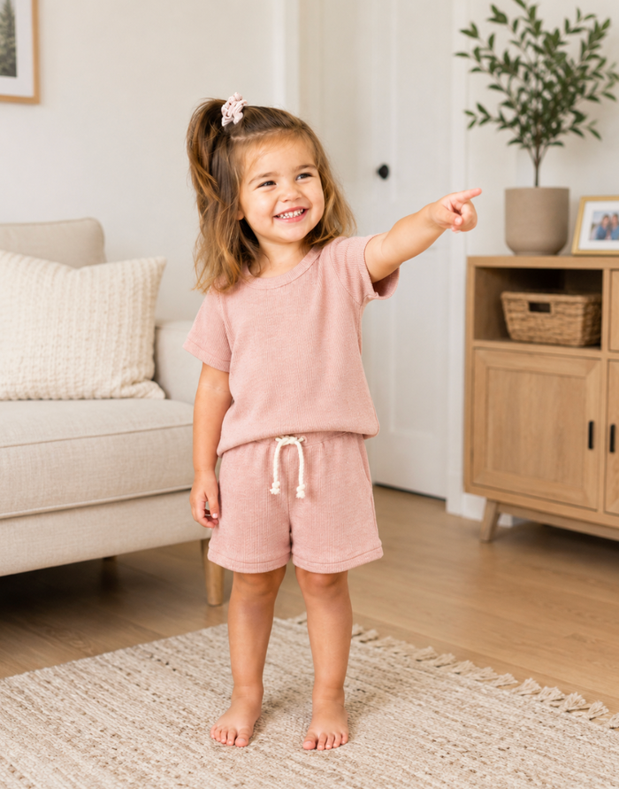 Rose ribbed baby shortie set in organic cotton