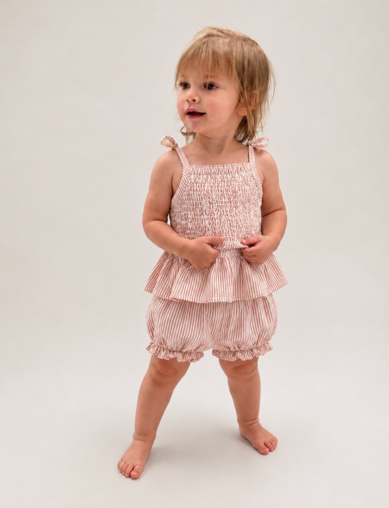 Organic Smocked Top & Bloomer Set – Coral Stripes (Makemake Organics)