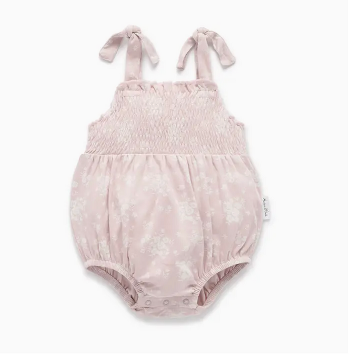 Violet floral bubble baby romper in organic cotton