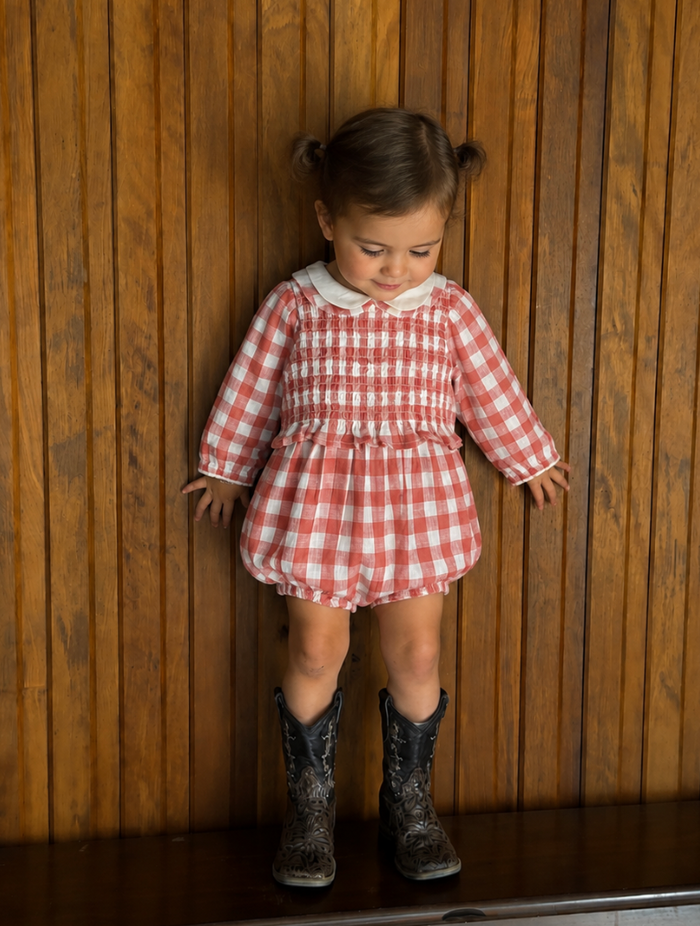 Cranberry Gingham Organic Cotton Baby Romper & Headband Set