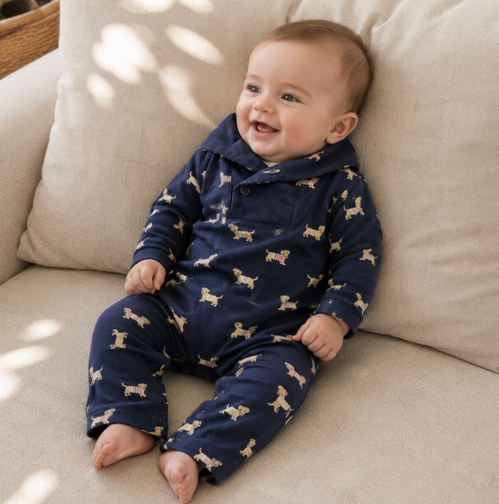Navy Puppy Print Collared Romper