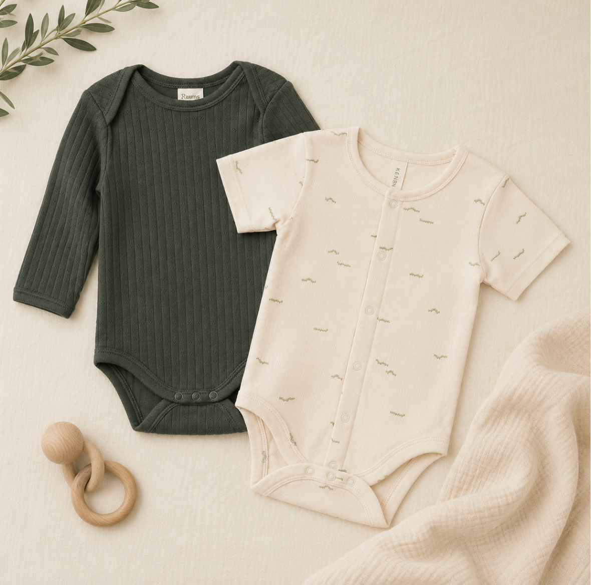 Organic Forest Green Pointelle Bodysuit and Organic Caterpillar Bodysuit (set)