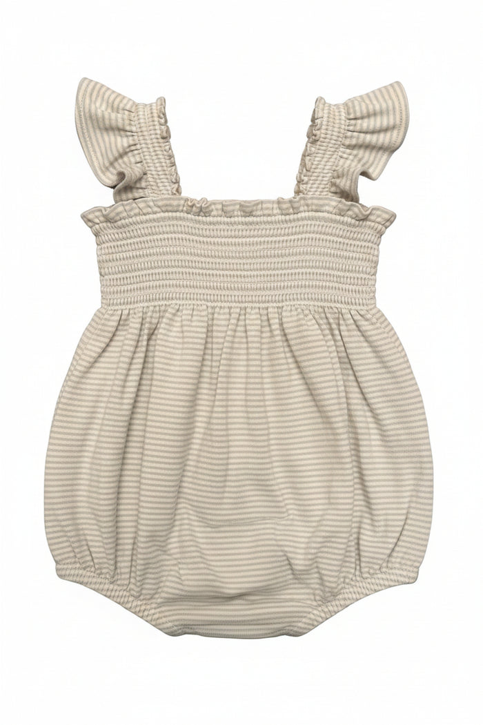 Sky stripe smocked ruffle baby romper, pre-loved