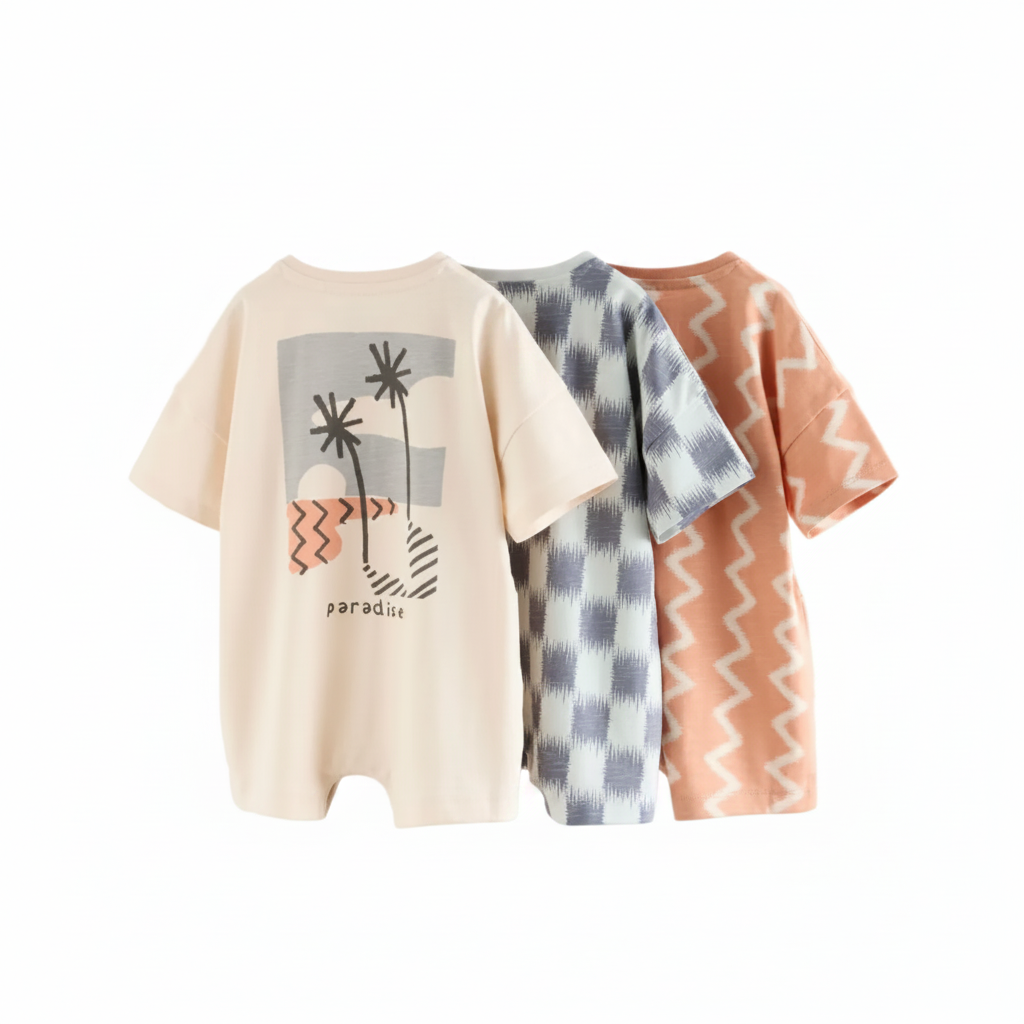 Three summer surfer skater rompers different patterns hanging on a rack against a white background