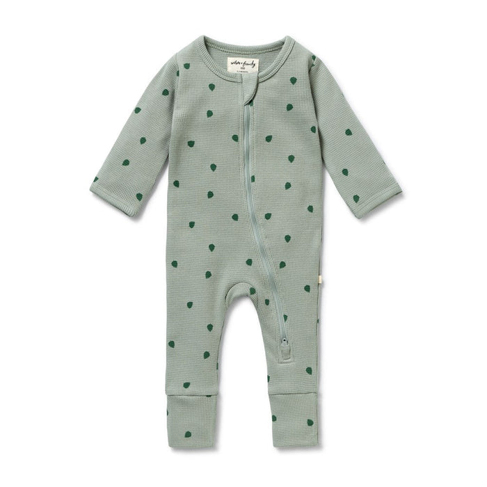 Green organic cotton waffle baby zipsuit footie